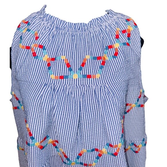 Savanna Jane Blue White Striped Sleeveless Top Embroidery Bow 1X Beach Resort - Picture 2 of 8